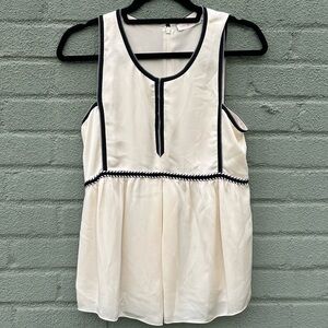 Tory Burch Silk Cream Black Trim Sleeveless Scoop Neck Lined Blouse Ivory Top
